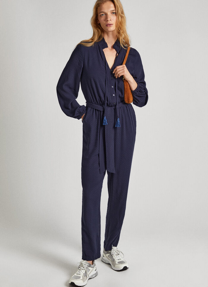 LONG JUMPSUIT WITH EMBOSSED POLKA DOTS